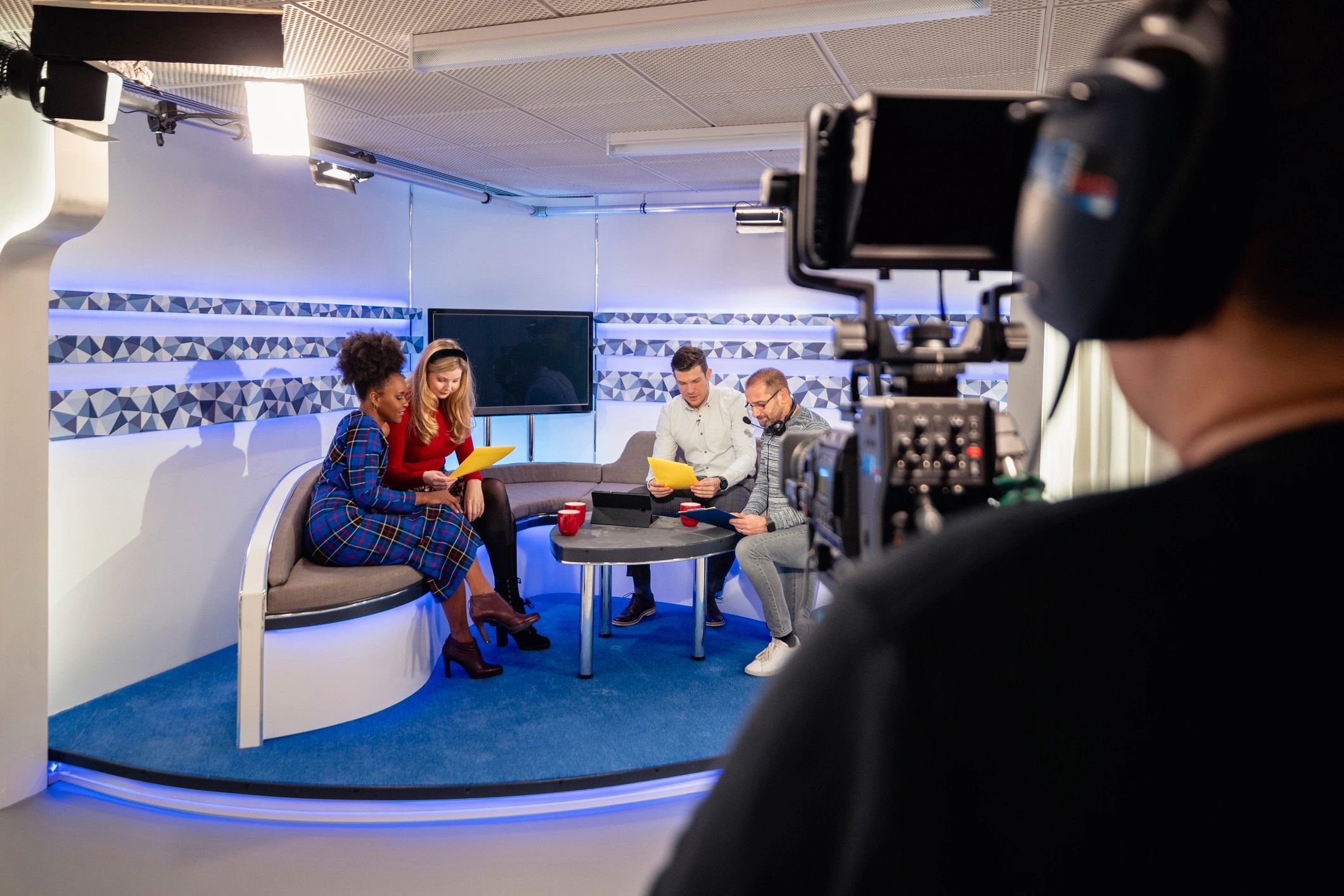 Television production set being filmed in a studio