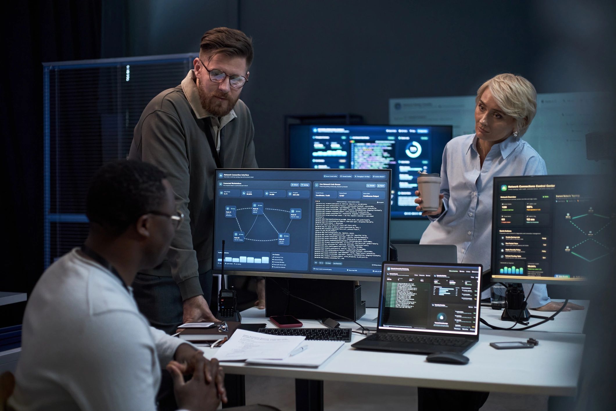 Editorial team reviewing live information on screens